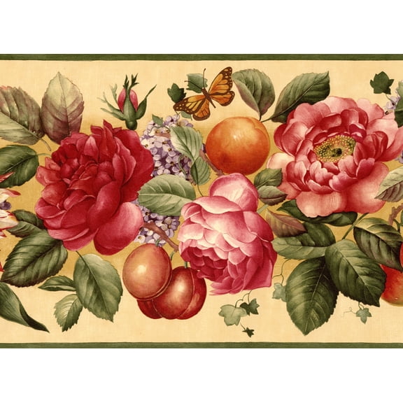 TRIMZ, Floral, Wallpaper Border, Pre-pasted, 15 ft L x 9 in W, Green, Yellow, Red