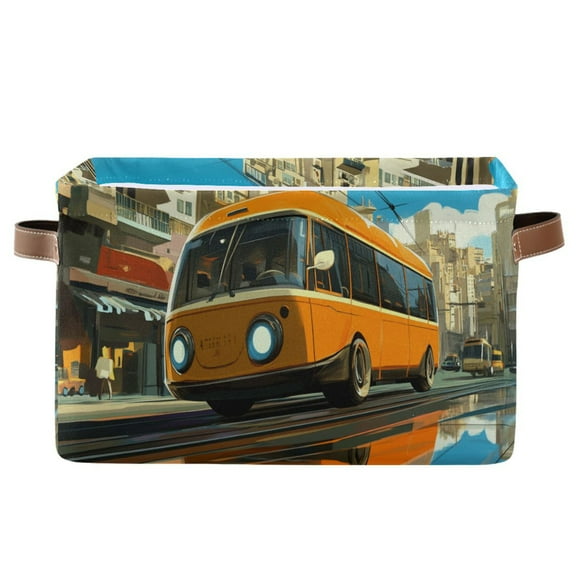 Storage Bins with Handle Fabric Organizer Basket Foldable Box 1 Pack Cartoon Bus on Road 14.2x10.2x8.3