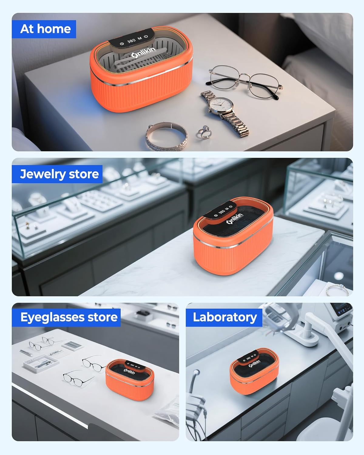Ultrasonic Jewelry Cleaner 35W 45KHz – for Retainers, Eyeglasses & Dentures, 20oz 304SS Tank, 5 Timer Modes (Orange)