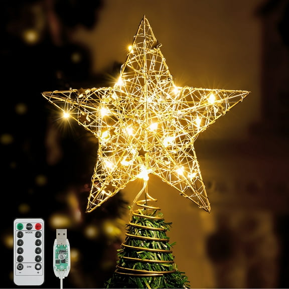Roylvan Christmas Star Tree Topper with Remote, 8 Light Modes & Timer, 9.84" Treetop Star Decorative Light, Gold