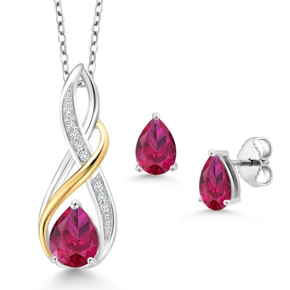 925 Sterling Silver and 10K Yellow Gold Pear Shape Red Created Ruby and White Lab Grown Diamond Pendant and Earrings Jewelry Set for Women (3.29 Cttw, Gemstone July Birthstone, with 18 inch Chain)