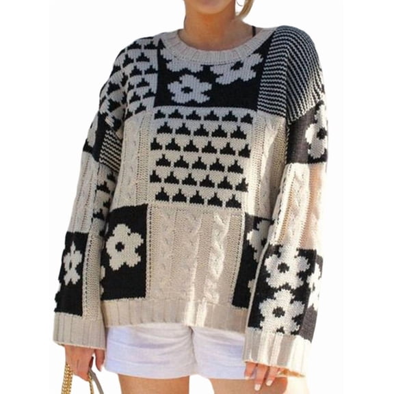 Women Flower Print Color Block Sweater Casual Pullover Tops Long Sleeve Cable Ribbed Knit Sweater Apricot XL