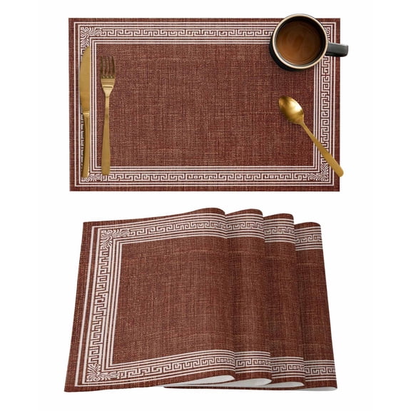 Placemats Set of 6, Coffee Brown Retro Greek Key Woven Placemat, Linen Place Mats for Kitchen/Dining Tables, Geometric Greece Ancient Farmhouse Washable Table Mats for Party