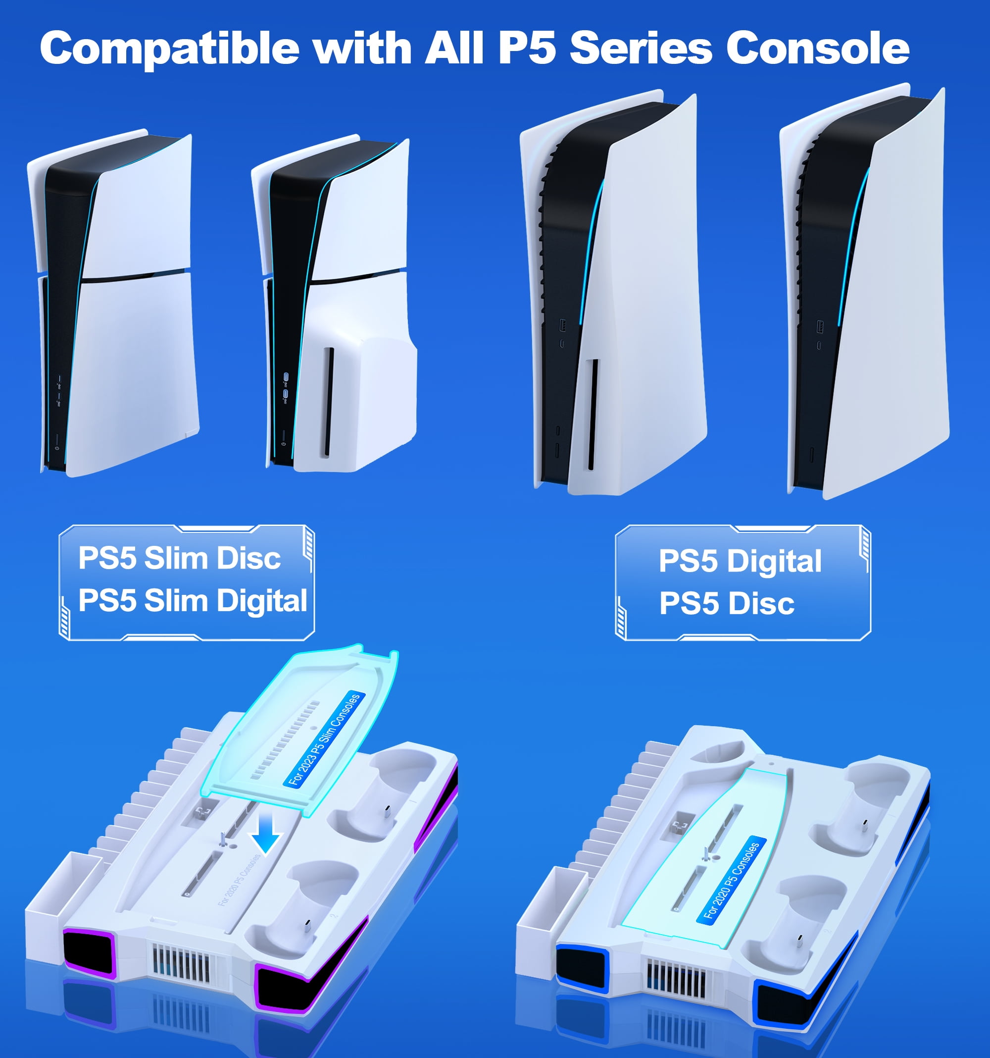 PS5 Stand Cooling Station with Dual PS5 Charging Dock, QQV PS5 Accessories Cooling Fan for PS5 Pro, Slim,Disc, Digital