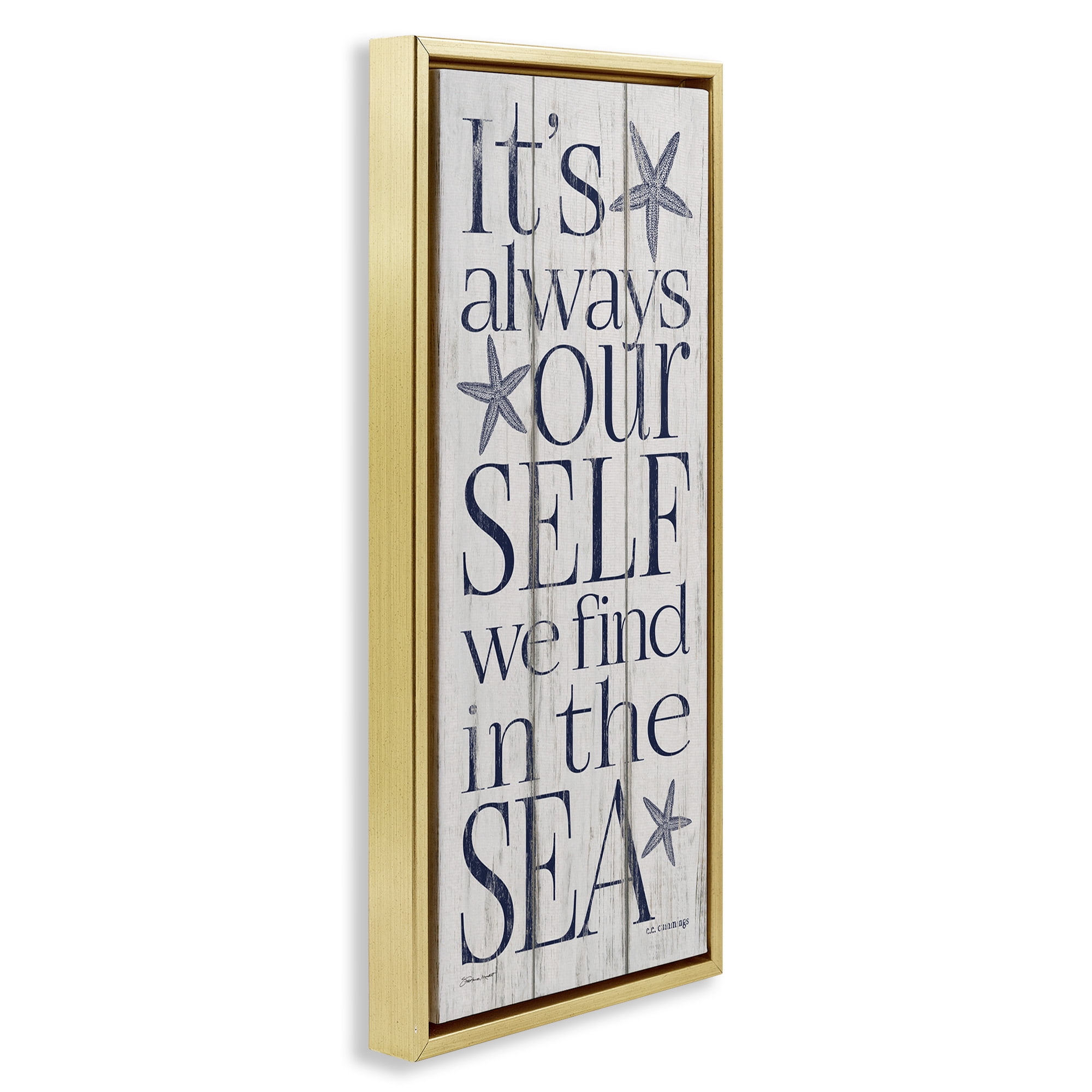 Stupell Industries Find Self In Sea Phrase Inspirational Painting Gold Floater Framed Canvas Art Print Wall Art, 11 x 25
