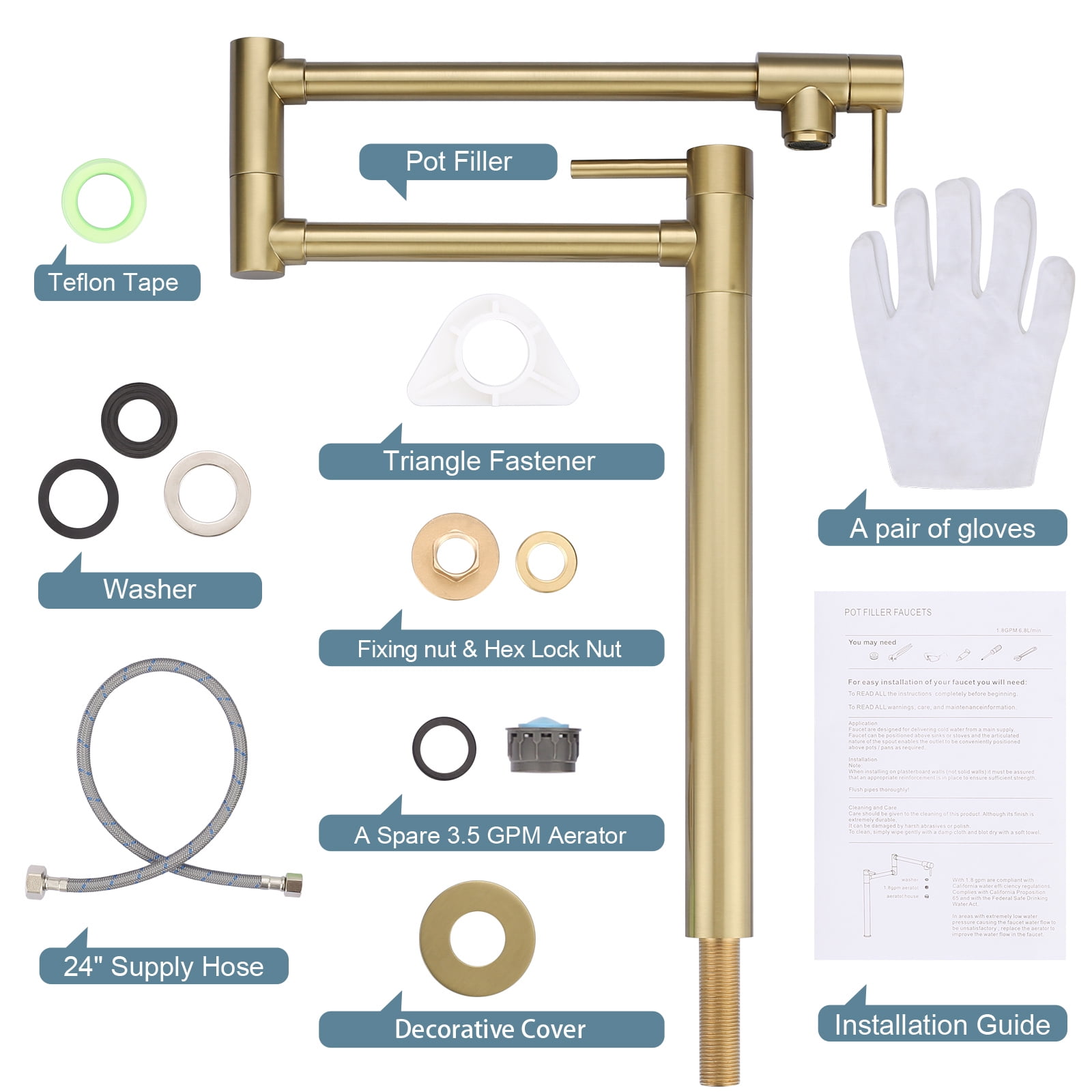 Wowow Deck Mount Stove Pot Fillers Faucet, Solid Brass Folding Kitchen Faucet, Brushed Gold with Stretchable Double Joint Swing Arm
