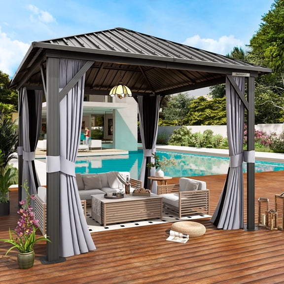 PATIOFIT 10 ft. x 10 ft. Hardtop Gazebo, Outdoor Aluminum Frame Permanent Pavilion with Curtains and Netting, Gray