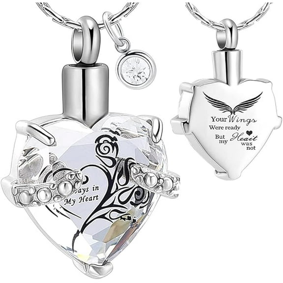 Heart Cremation Jewelry Urn Necklace for Ashes Crystal Memorial Pendant with Birthstone - Always in My Heart Keepsake - Engraved Heart Cremation Necklace