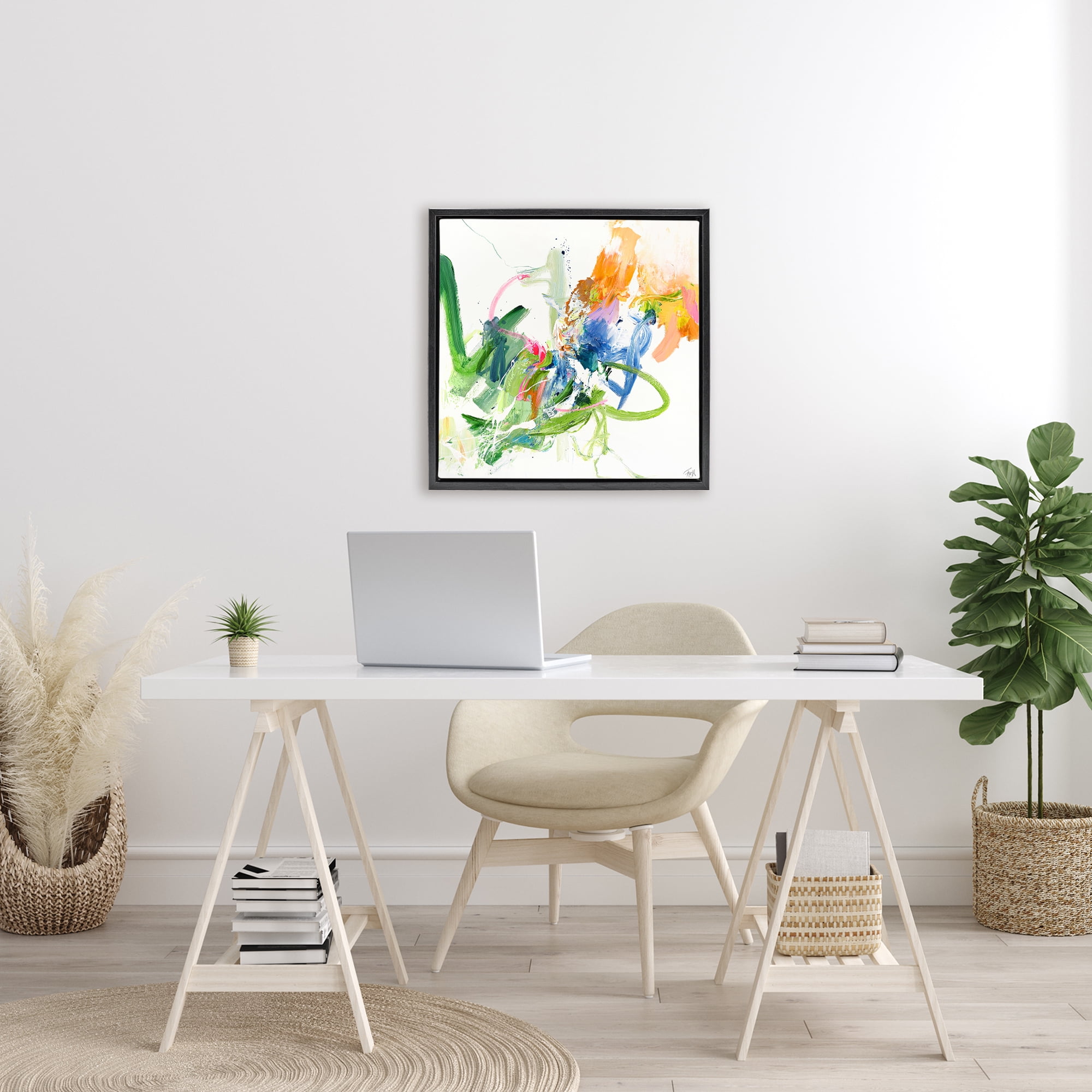 Confident Green Abstraction Black Framed Floater Canvas Wall Art, design by Design Fabrikken