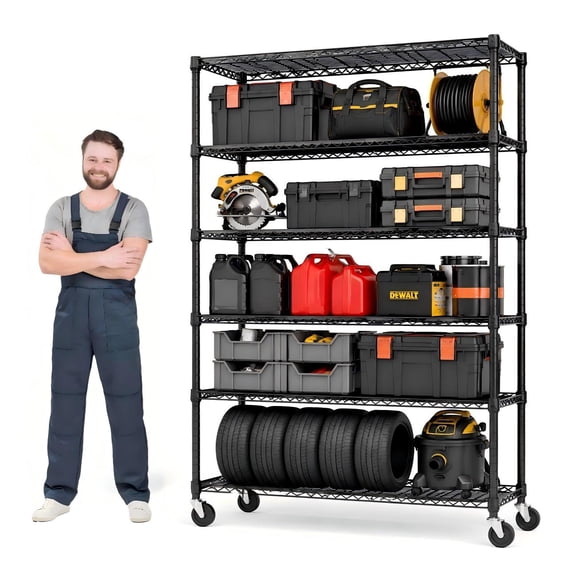 REIBII 6-Tier Wire Shelving Unit with Wheels, 82"H x 45"W x 18"D, 1200LBS Capacity,Adjustable Metal Storage Shelves for Garage,Kitchen,Pantry,Black