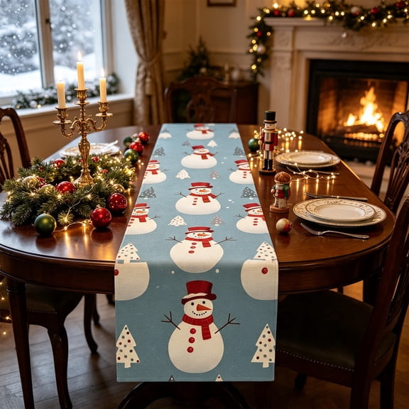 Trovenix 13x72 Inch Festive Christmas Table Runner Snowman Santa Illustration Printed Long Holiday Dining Table Decoration for Home