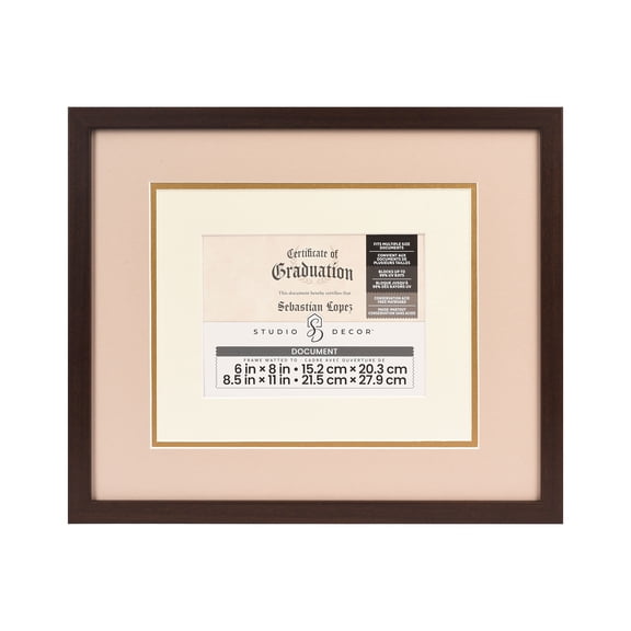 Studio Decor 6" x 8" Walnut Document Picture Frame with Triple Mat - Blocks up to 99% UV Rays, Display Diplomas, Certificates, & Documents - 1 Pack