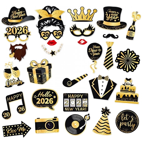 BESTSKY New Year Party Decorations, 2026 Photo Booth Props Set of 28 Funny Props, Selfie Accessories with Handheld Frame, Party Supplies for Nye Celebrations