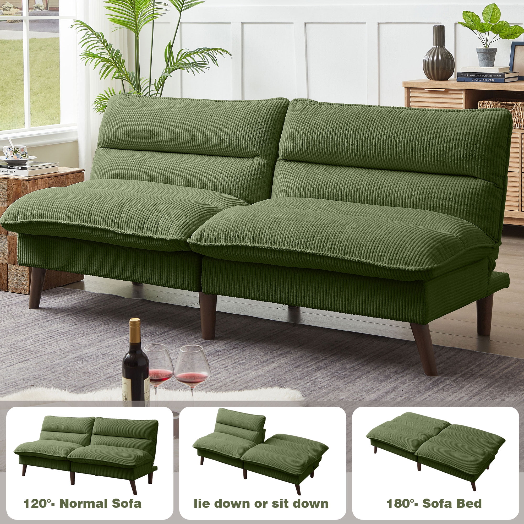 Jarenie Chireca 72" Futon Sofa Bed, Convertible Futon Couch with Adjustable Backrest, Modern Corduroy Futon Sleeper Sofa for Small Spaces, Living Room, Office, Green
