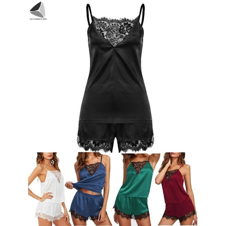 PULLIMORE Women Pajama Sets Sexy Lingerie Lace Sleepwear Cami Shorts Set V Neck Nightwear (M  Black)