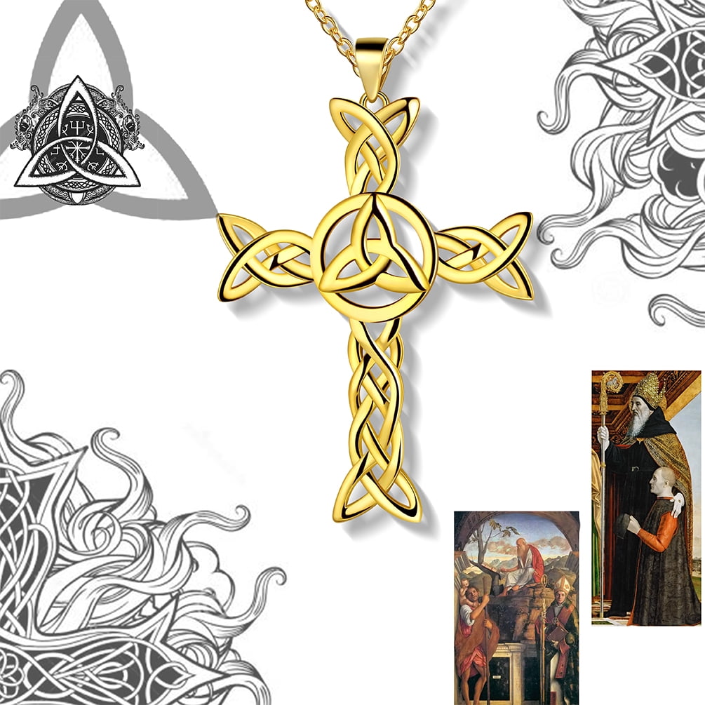 Hipunk 925 Sterling Silver 18K Gold Plated Celtic Cross Necklace for Women Men Trinity Triquetra Knot Pendant Necklace Irish Religious Jewelry Fathers Day Gift