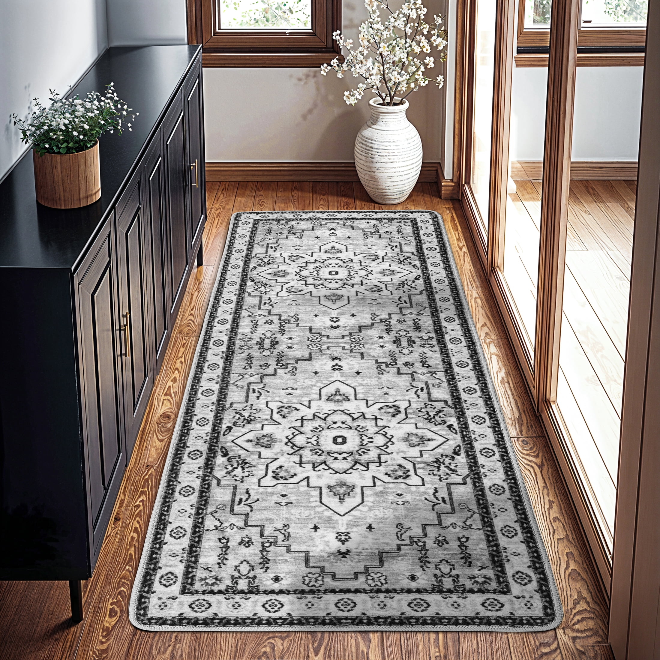 Sonoro Kate 2x6 Area Rugs for Living Room Bedroom, Non Slip Boho Machine Washable Indoor Floor Carpet, Gray