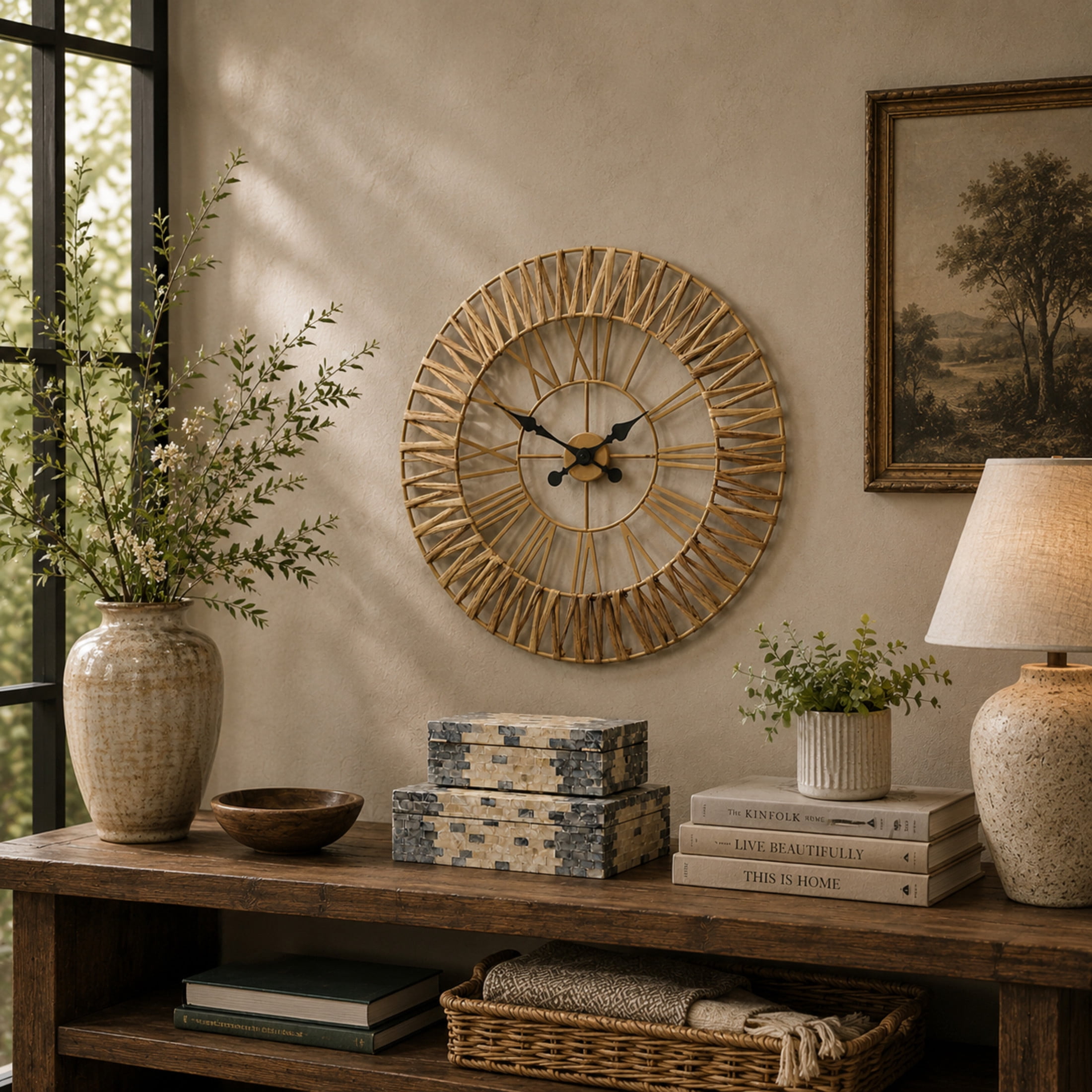 DecMode 31" Brown Seagrass Woven Wall Clock with Gold Metal Frame