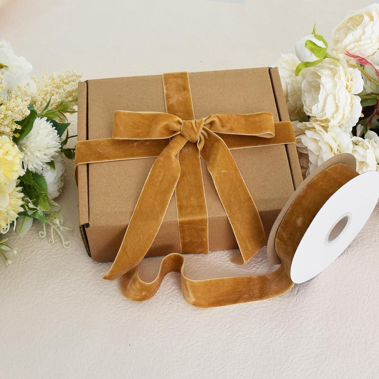NANAHuang Khaki Gold Velvet Ribbon 3/8 Inch x 25yds, Vintage Velvet Ribbons, for Wreath Decoration Handmade Craft Ornaments Gift Wrapping & Bow Making, Valentine's Day Bouquet Packaging