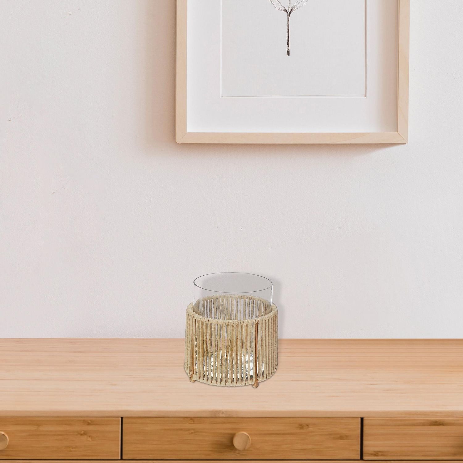 Glass Candle Holder Hurrican With Metal & Raffia Base 6.25"