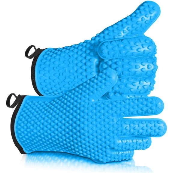 Heat Resistant Silicone Gloves for Cooking, Grilling, and BBQ Non-Slip Grip, Five-Finger Design with Inner Cotton Layer - Perfect for Handling Hot Food, Meat, and Potholders Inner Cotton Layer- Blue