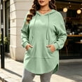 thumbnail image 3 of Women Plus-Size Long Hooded Sweatshirt Drawstring Long Sleeve Curved Hem Hoodie Tops With Kangaroo Pocket Casual Loose Daily Outerwear Green L, 3 of 6
