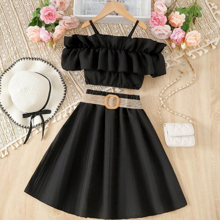 LNWUY Girl's Cute Fashion Ruffle Trim Two Piece Off Shoulder Cami Pleated Mini Dress Outfits Set With Belt Black 9Y - Walmart.com LNWUY Girl's Cute Fashion Ruffle Trim Two Piece Off Shoulder Cami Pleated Mini Dress Outfits Set With Belt Black 9Y - Walmart.com