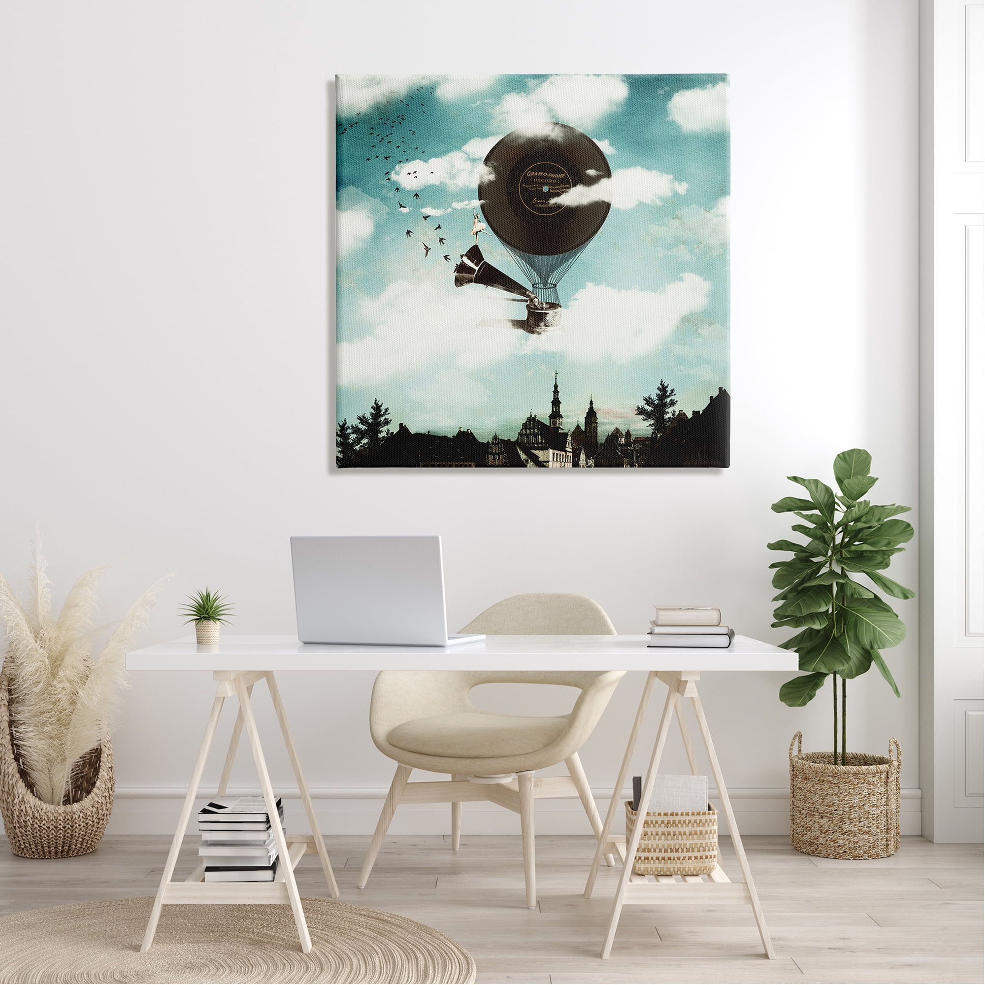 Serene Gramophone Flying Birds Clouds City Buildings Animals & Insects Painting Gallery-Wrapped Canvas Print Wall Art