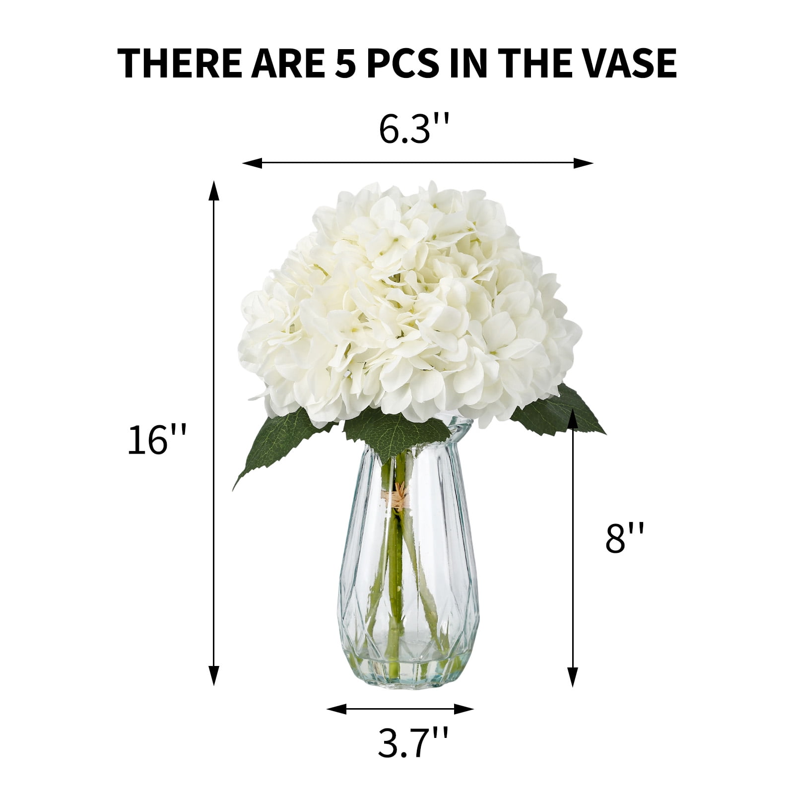 5 Pcs 16" Realistic Artificial Hydrangea with Glass Vase, Large Real Touch Flowers Artificial Flowers Dry Flowers Outdoor Wedding Christmas Office Family Party Living Room Table Decoration (White)