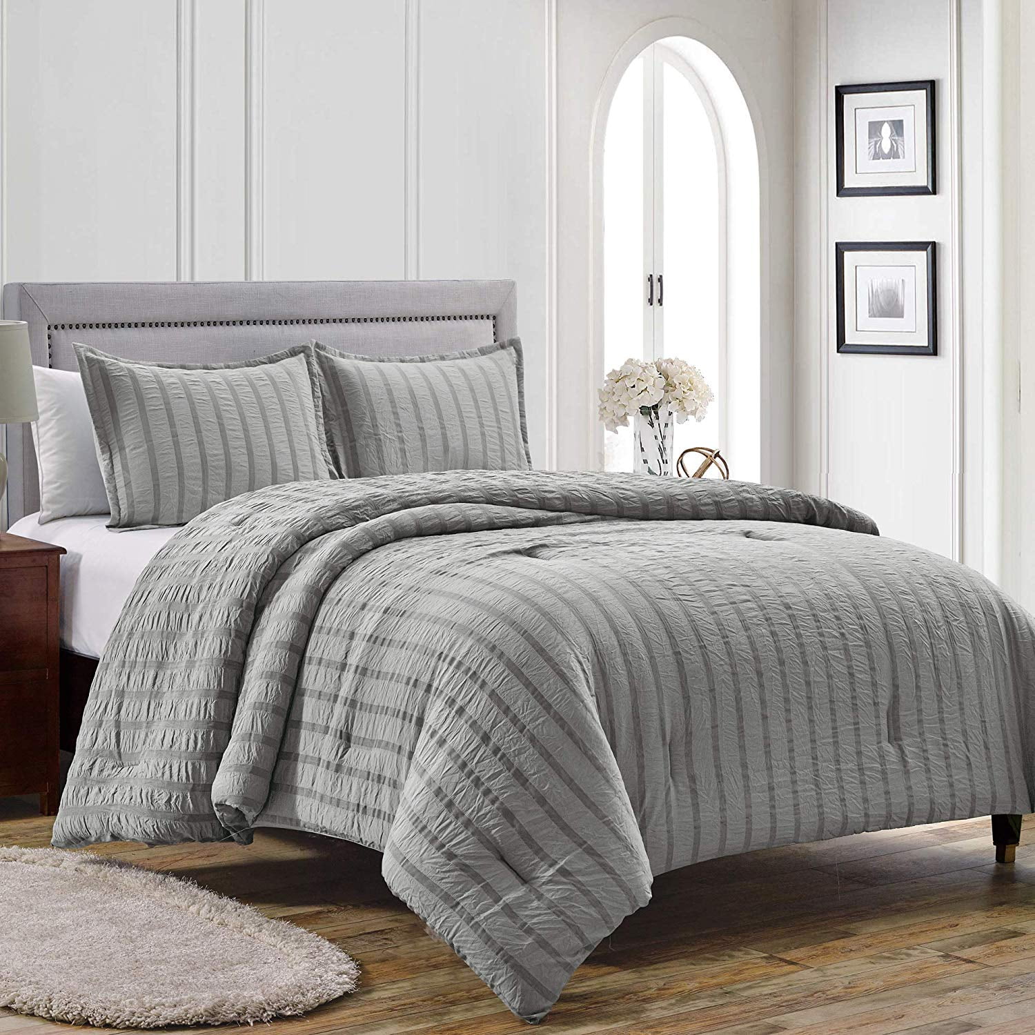 Scarlet 3-Piece Gray Seersucker Stripe Microfiber Bedding Comforter Set 