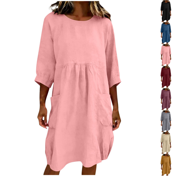 PEIBang Women's Solid Loose Round Neck Dress, 3/4 Sleeve Tiered Loose Midi Dress with Side Pockets for Daily Wear