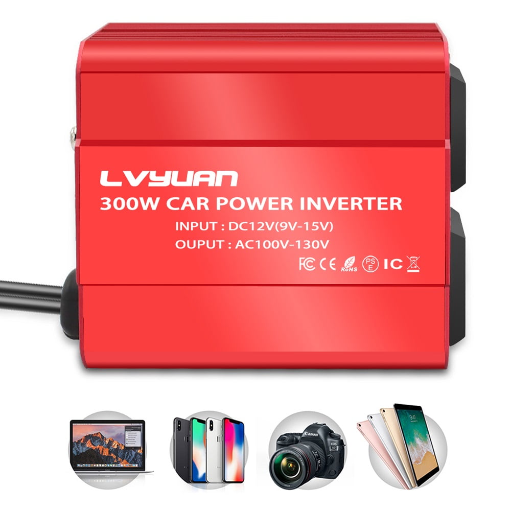 LVYUAN 300W DC 12V to AC 110V Power Inverter Car Converter Charge Adapter 2USB 2AC for Laptop, Computer, Car, RV, Camping & Home Red