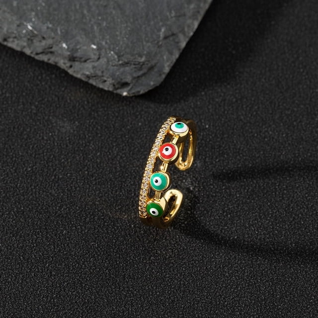 Anillo de cobre con forma de gota de aceite de esmalte de circonita y joyería, anillo de cola retro con mal de ojo para mujer, anillo abierto