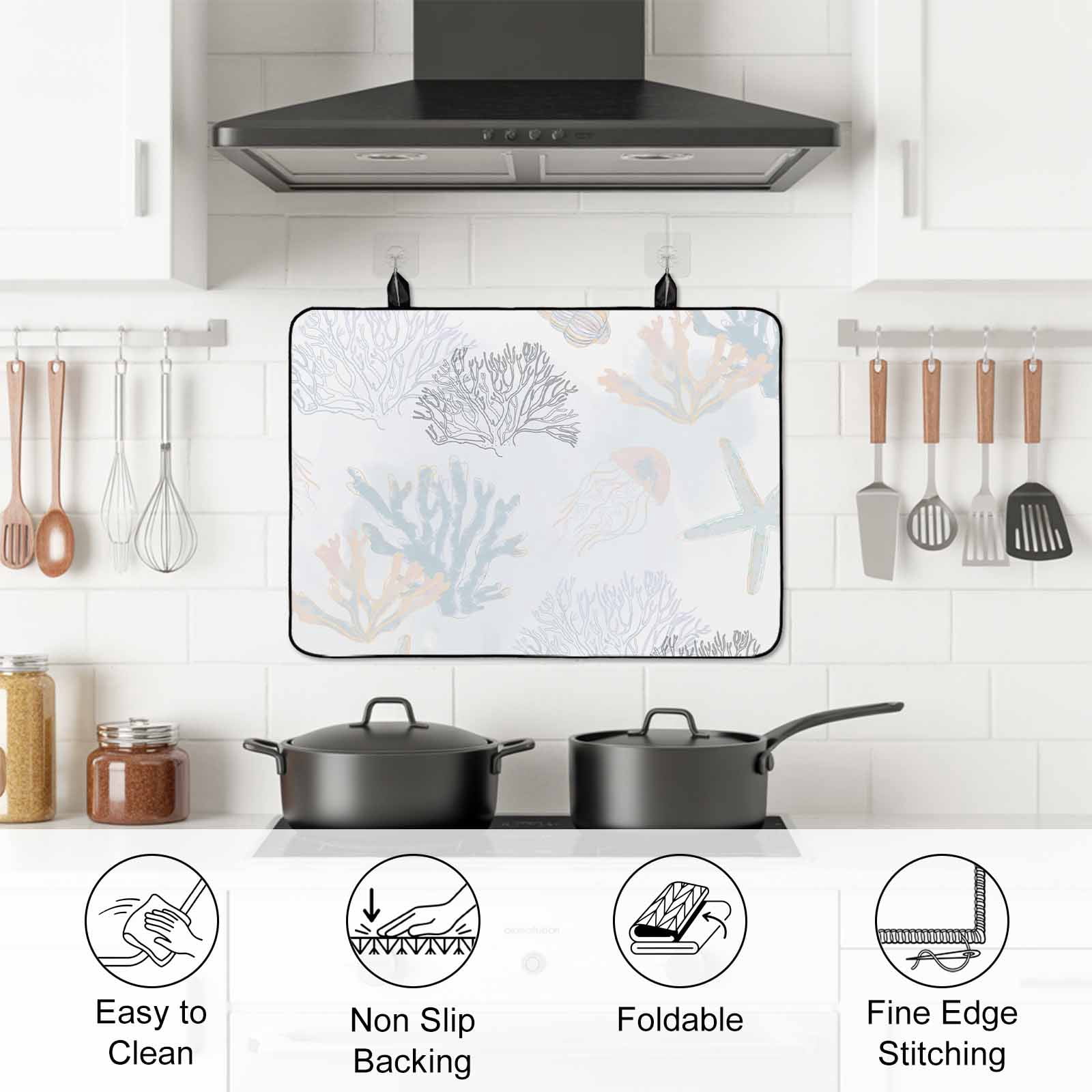 Blue Pink Coral Coastal Stove Top Cover for Electric Stove, Heat-proof & Non Slip Glass Top Stove Cover Protector, Nautical Starfish Summer Beach Kitchen Flat Cooktop Rubber Mat 28.5x20.5 Inches