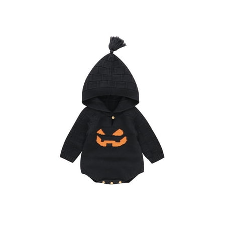 

Halloween Unisex Infant Pumpkin Grimace Face Pattern Knitted Romper Baby Girls Boys Long Sleeve Hooded Top Performance Party