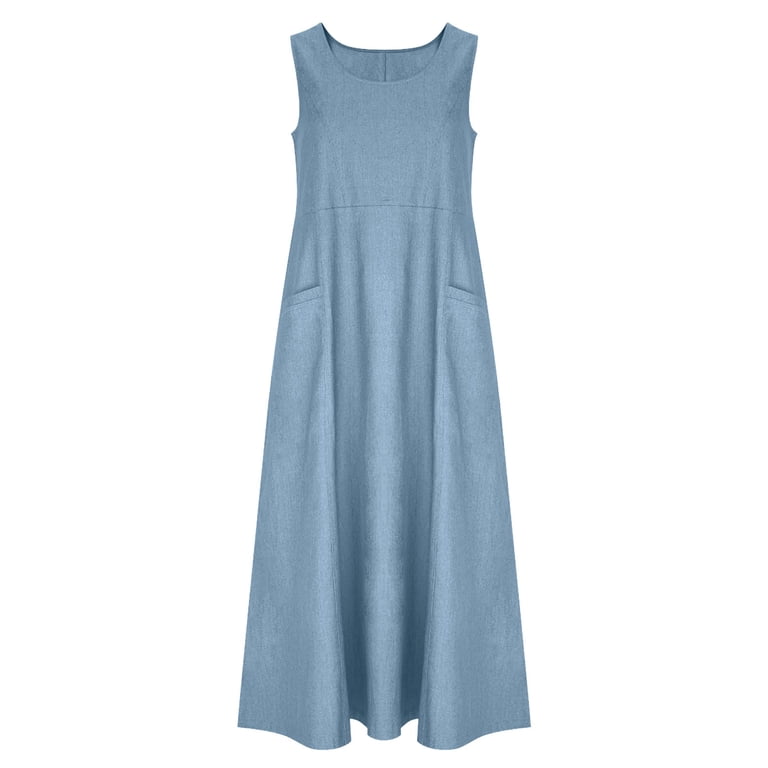 GUACER Womens Denim Maxi Dress Sleeveless Round Neck A Line Long Dress with Pockets Summer Casual Tank Dress