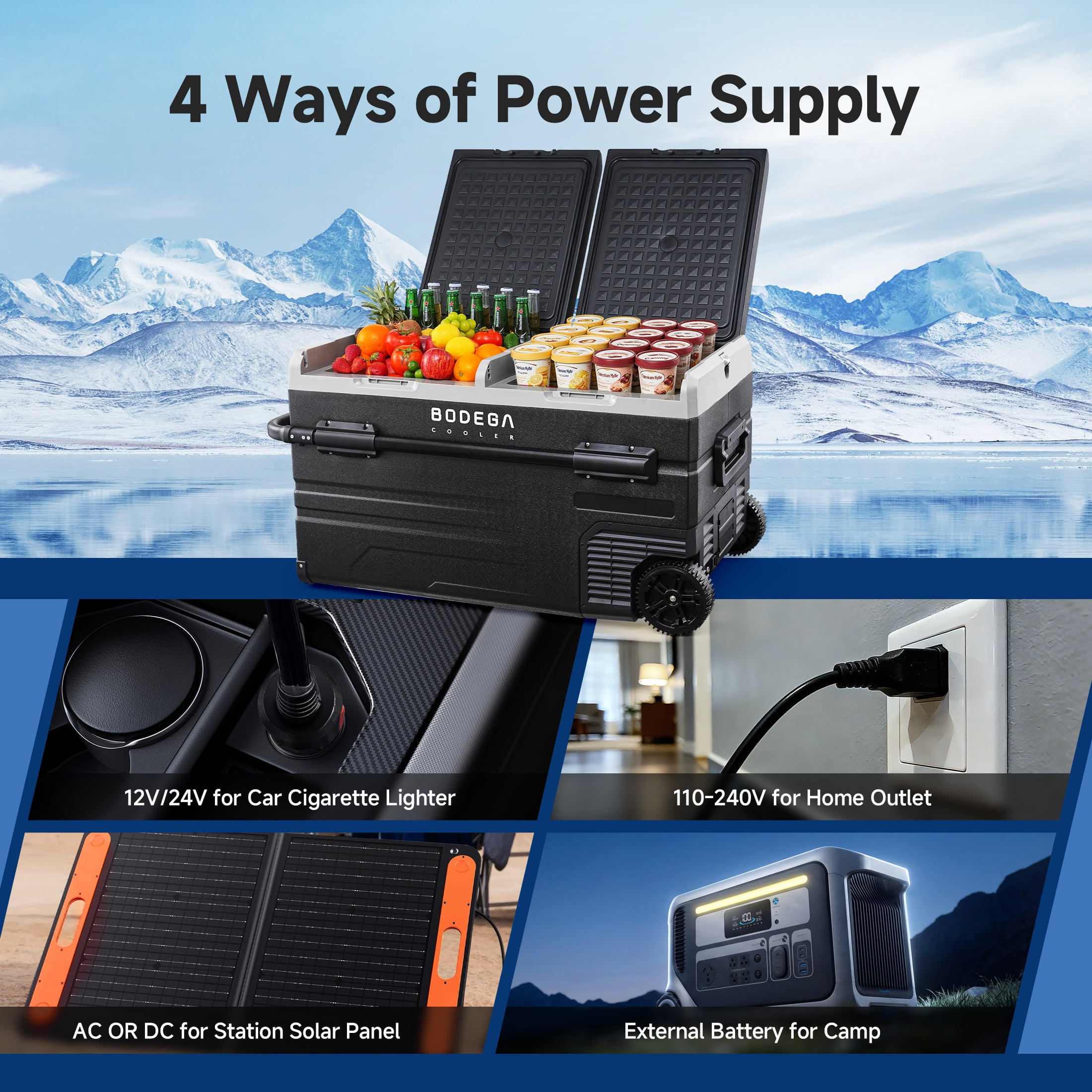 BODEGA 12V Car Refrigerator 121 Quart 115L Dual Zone Portable Freezer Cooler with WIFI App Control, -4℉ to 68℉, 12/24V DC & 100-240V AC, for Travel, Camping, RV & Outdoor Use