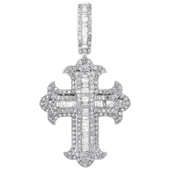 10K White Gold Baguette Diamond Men's Pointed Cross Pendant Iced Charm 1.75 CT