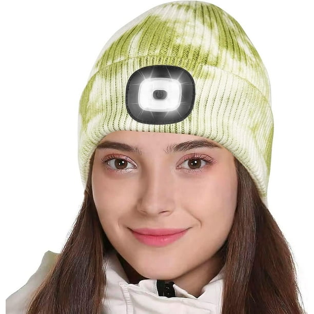 Gorro con luz LED, regalo para hombres, mujeres, papás y él, teñido anudado verde, gorro con luz recargable por USB, gorro con 4 luces LED, gorro de punto unisex cálido para invierno