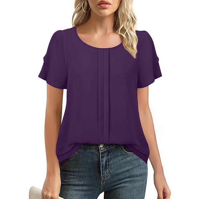 Offres de la Semaine Cagogo Hauts d'Été pour Femmes T-shirts Chemises en Liquidation à Moins de 10 $ Tunique Décontractée Élégante à Manches Courtes devant Plissé Col Rond Vêtements d'Été Tendance Cadeaux pour la Fête des Mères