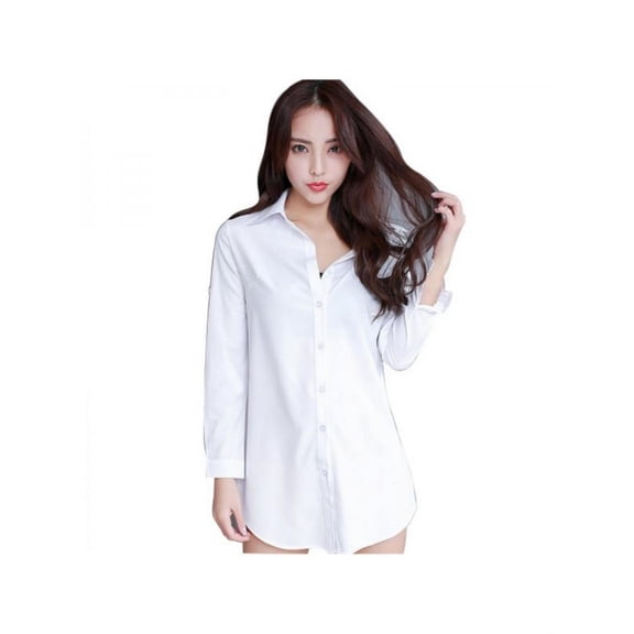 Women White Shirt Plus Size Fall 3/4 Sleeve Basic Blouse OL Button Long Shirt