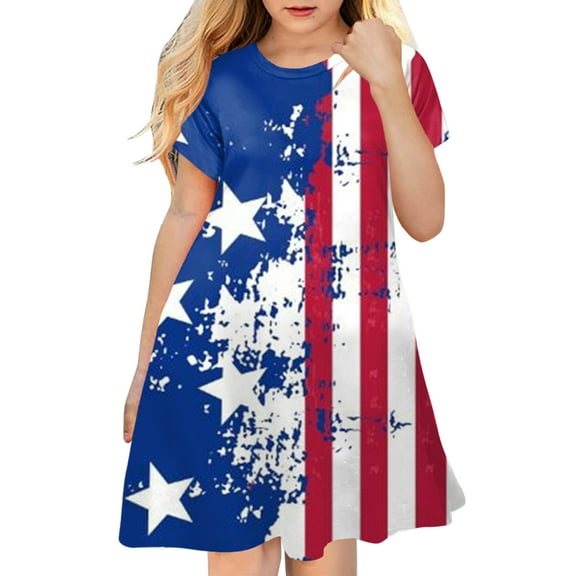Quealent Girls 4th of July Dress Toddler Girl American Flag Dresses Short Sleeve Patriotic Clothes Independence Day Outfits Summer Girl Casual Dress Party Clothes Blue,5-6 Years