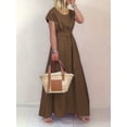 thumbnail image 2 of Robe Élégante Grande Taille pour Femmes, Robe Maxi Unie à Manches Courtes et Col Rond avec Ceinture, 2 of 7