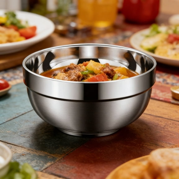 304 Stainless Steel Bowl Double Layer Insulated Rice Bowl Anti-Scald Soup Bowl Thickened Metal Serving Bowl for Kitchen Dining