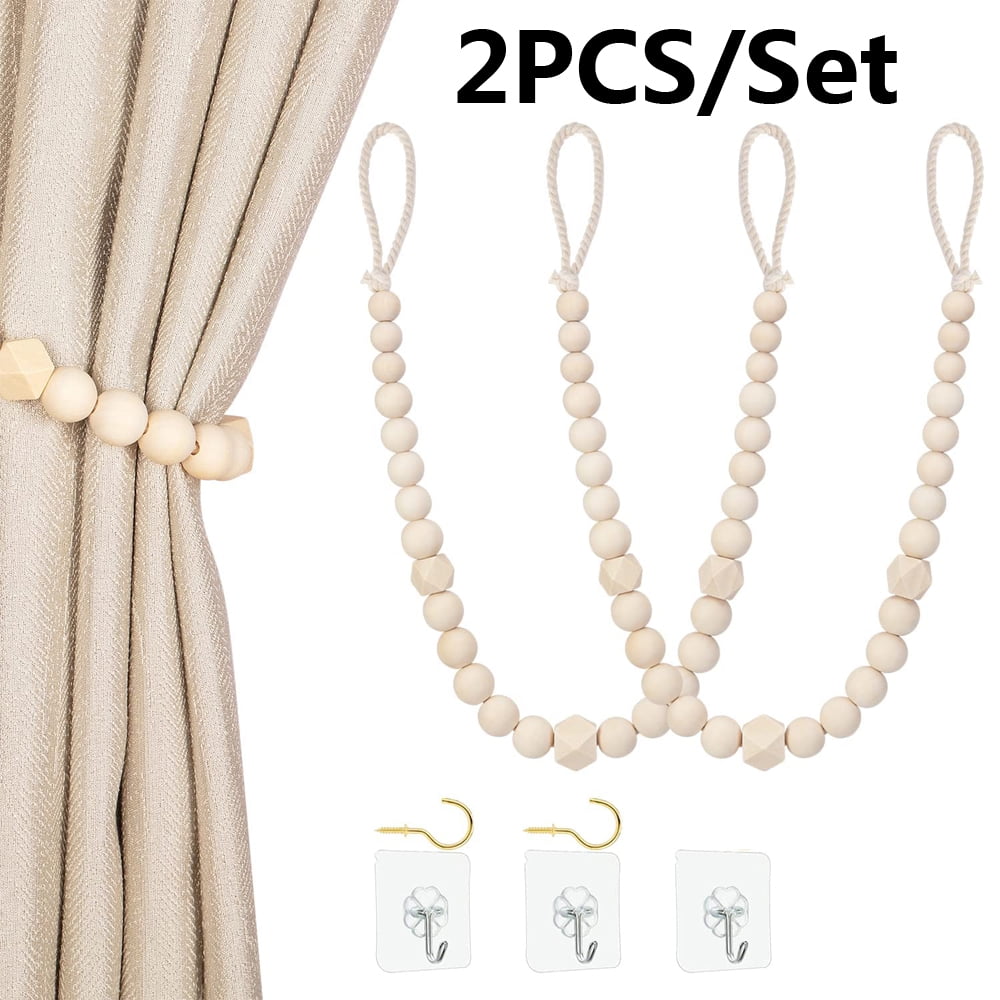 Wood Bead Curtain Tiebacks, Set of 2 Curtain Holdbacks for Thin or Thick Window Draperies