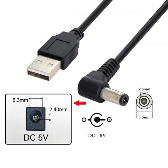 Xiwai Cable USB 2.0 A Type Male to Right Angled 90 Degree 5.5 x 2.5mm DC 5V Power Plug Barrel Connector Charge Cable