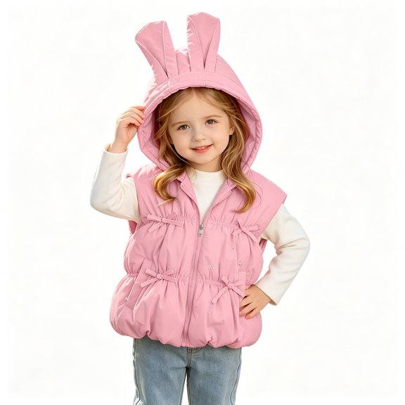 BCSIOAOI Girls Vest,Bunny Ear Hooded Zip Bow Decor Padded Vest with Pockets Pink 2-3t