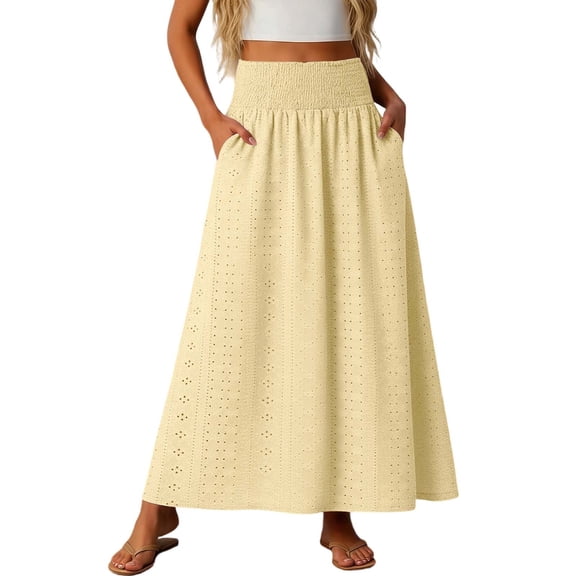2026 Skirts For Women Fashion Eyelet Hollow Out Boho Long Skirt Solid Color Elastic Waisted A-Line Dress With Ankle Length