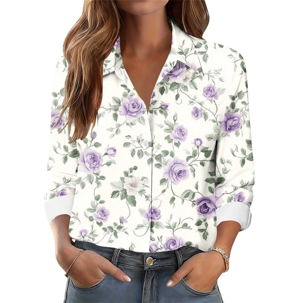 TaTaai Women Casual Button Down Long Sleeve Shirt Collared Printed Blouse Ladies Weekend Vacation Outdoor Wear Soft Breathable No Fading Machine Washable Comfortable Top Gift