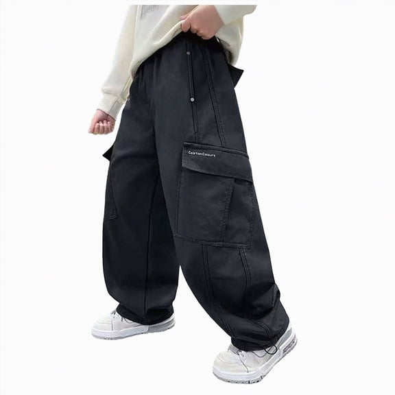 UngA Cargo Sweatpants for Boys Oversized Baggy Wide Leg Warm Fleece Lined Pants Winter Casual Y2k Loose Sports Trousers Boys Cargo Pants (Black,9-10 Years)